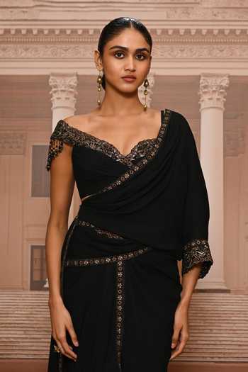 Tarun Tahiliani Black Georgette Sweetheart Neck Frill Embroidered Draped Concept Saree Set Online at Aza Fashions Tarun Tahiliani_Black Georgette Sweetheart Neck Frill Embroidered Draped Concept Saree Set _Online_at_Aza_Fashions