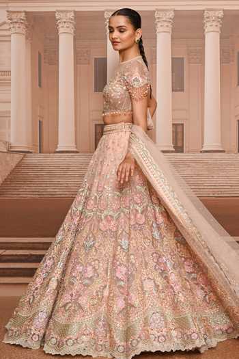 Tarun Tahiliani_Pink Tulle High Neck Hand Embroidered Floral Lehenga Set _Online_at_Aza_Fashions