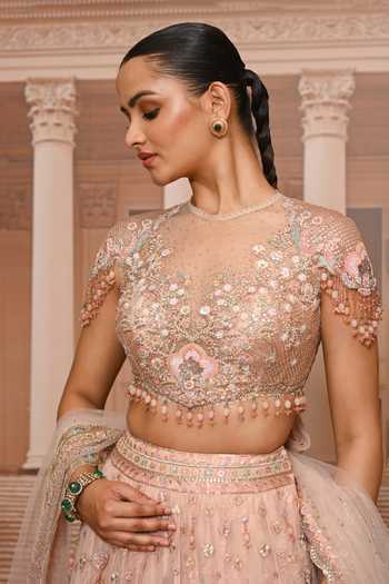 Buy_Tarun Tahiliani_Pink Tulle High Neck Hand Embroidered Floral Lehenga Set _Online_at_Aza_Fashions