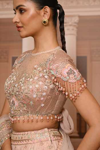 Tarun Tahiliani_Pink Tulle High Neck Hand Embroidered Floral Lehenga Set _at_Aza_Fashions