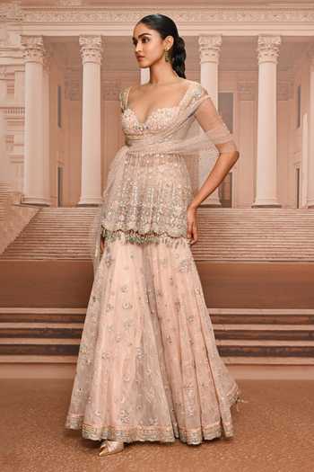 Tarun Tahiliani Pink Tulle Sweetheart Neck Floral Embroidered Peplum Kurta Sharara Set Online at Aza Fashions Tarun Tahiliani_Pink Tulle Sweetheart Neck Floral Embroidered Peplum Kurta Sharara Set _Online_at_Aza_Fashions