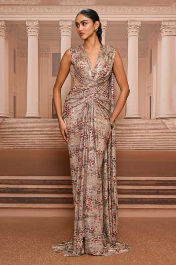 Tarun Tahiliani Printed Concept Draped Saree Gown 