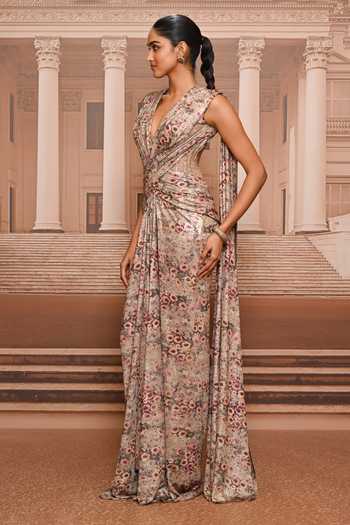 Tarun Tahiliani_Gold Jersey Stones, Foil Printing Plunge Neck Printed Concept Draped Saree Gown _Online_at_Aza_Fashions