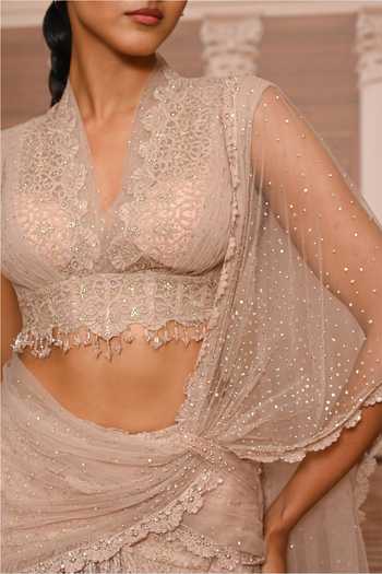 Buy Tarun Tahiliani Rose Gold Net, Tulle V-neck Crystal Lace Concept Pre-draped Saree With Blouse Online at Aza Fashions Buy_Tarun Tahiliani_Rose Gold Net, Tulle V-neck Crystal Lace Concept Pre-draped Saree With Blouse _Online_at_Aza_Fashions