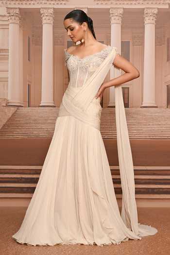 Tarun Tahiliani_Ivory Chiffon, Lace Embroidery, Pre-draped Concept Saree With Embellished Corset _Online_at_Aza_Fashions
