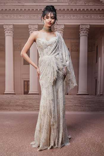Tarun Tahiliani_Ivory Sequins, Crystals, Concept Pre-draped Saree And Corset Set _Online_at_Aza_Fashions