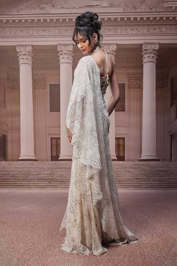 Shop_Tarun Tahiliani_Ivory Sequins, Crystals, Concept Pre-draped Saree And Corset Set _Online_at_Aza_Fashions