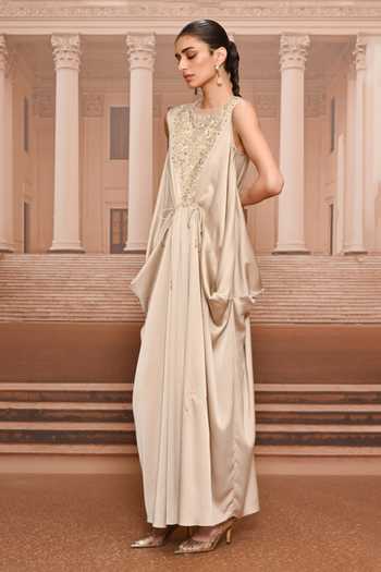 Tarun Tahiliani_Beige Satin, Tulle Round Neck Fluid Embroidered Draped Dress _Online_at_Aza_Fashions