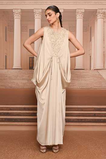 Buy_Tarun Tahiliani_Beige Satin, Tulle Round Neck Fluid Embroidered Draped Dress _Online_at_Aza_Fashions