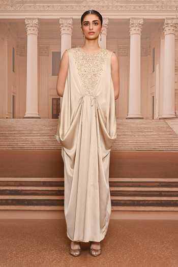 Shop_Tarun Tahiliani_Beige Satin, Tulle Round Neck Fluid Embroidered Draped Dress _Online_at_Aza_Fashions