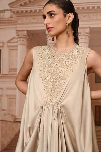 Tarun Tahiliani_Beige Satin, Tulle Round Neck Fluid Embroidered Draped Dress _at_Aza_Fashions