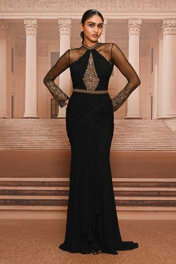 Tarun Tahiliani Embroidered Bodice Sculpted Draped Dress 