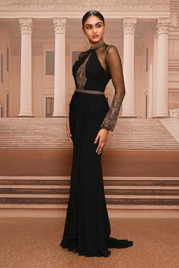 Buy_Tarun Tahiliani_Black Georgette, Tulle Keyhole Neck, Embroidered Bodice Sculpted Draped Dress _Online_at_Aza_Fashions