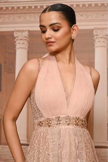Buy Tarun Tahiliani Pink Tulle Sequins, Stones Halter , Plunge Embellished Back Tie Gown Online at Aza Fashions Buy_Tarun Tahiliani_Pink Tulle Sequins, Stones Halter , Plunge Embellished Back Tie Gown _Online_at_Aza_Fashions