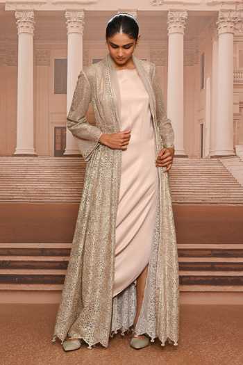 Tarun Tahiliani_Silver Tulle, Satin Shawl , Round Embroidered Jacket And Dress Set _Online_at_Aza_Fashions