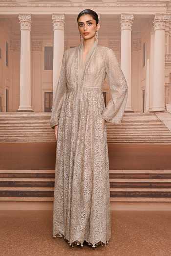 Buy_Tarun Tahiliani_Silver Tulle, Satin Shawl , Round Embroidered Jacket And Dress Set _Online_at_Aza_Fashions