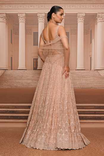 Shop_Tarun Tahiliani_Beige Tulle Embroidery, Sequins, Crystals Thread And Corset Lehenga Set _Online_at_Aza_Fashions