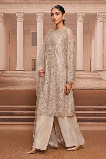 Shop Tarun Tahiliani Silver Tulle Round Neck, Yes Embroidered Straight Kurta Pant Set Online at Aza Fashions Shop_Tarun Tahiliani_Silver Tulle Round Neck, Yes Embroidered Straight Kurta Pant Set _Online_at_Aza_Fashions