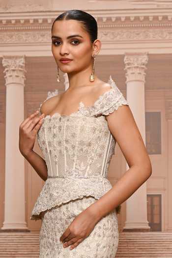 Tarun Tahiliani_Ivory Tulle Embroidery, Crystals, Lace Off-shoulder Skirt And Peplum Corset Set _Online_at_Aza_Fashions