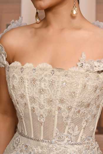 Buy_Tarun Tahiliani_Ivory Tulle Embroidery, Crystals, Lace Off-shoulder Skirt And Peplum Corset Set _Online_at_Aza_Fashions
