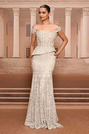 Tarun Tahiliani Lace Embroidered Skirt & Peplum Corset Set