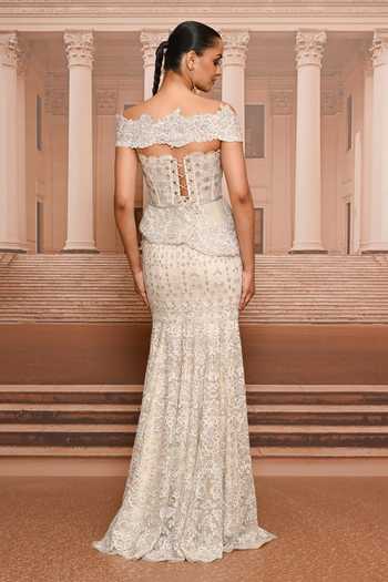 Tarun Tahiliani Lace Embroidered Skirt & Peplum Corset Set