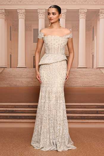 Shop_Tarun Tahiliani_Ivory Tulle Embroidery, Crystals, Lace Off-shoulder Skirt And Peplum Corset Set 