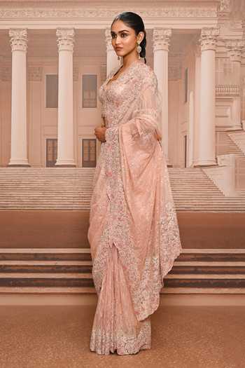 Shop_Tarun Tahiliani_Pink Lace Sweetheart Neck Embroidered Saree With Blouse _Online_at_Aza_Fashions
