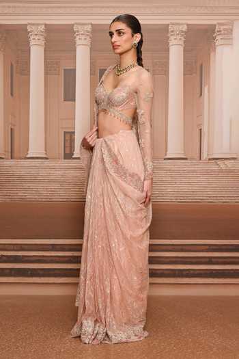 Buy_Tarun Tahiliani_Pink Lace Sweetheart Neck Embroidered Saree And Blouse Set _Online_at_Aza_Fashions