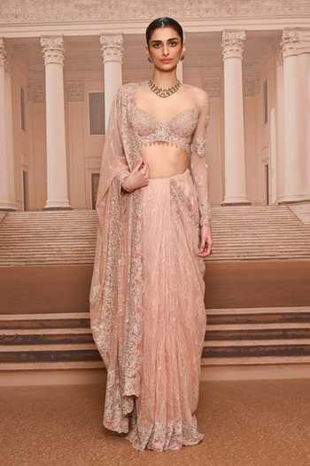 Shop_Tarun Tahiliani_Pink Lace Sweetheart Neck Embroidered Saree And Blouse Set _Online_at_Aza_Fashions