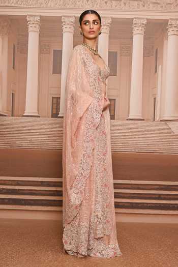 Tarun Tahiliani_Pink Lace Sweetheart Neck Embroidered Saree And Blouse Set _at_Aza_Fashions