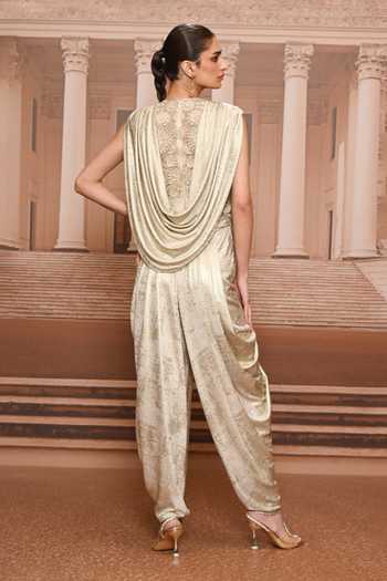 Tarun Tahiliani Pearl Embroidered Draped Dhoti Jumpsuit 