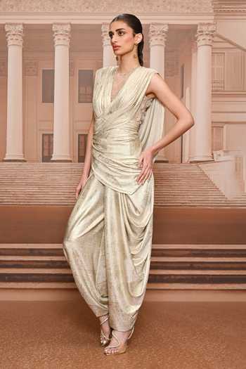 Tarun Tahiliani Ivory Pearl Embroidered Draped Dhoti Jumpsuit Online at Aza Fashions Tarun Tahiliani_Ivory Pearl Embroidered Draped Dhoti Jumpsuit _Online_at_Aza_Fashions