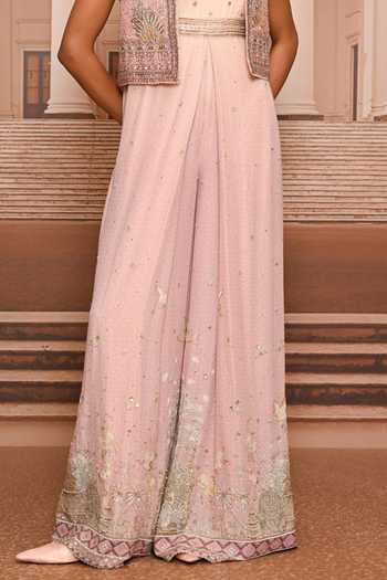 Tarun Tahiliani Pink Georgette Open Neck Pichwai Jumpsuit And Gillet Set Online at Aza Fashions Tarun Tahiliani_Pink Georgette Open Neck Pichwai Jumpsuit And Gillet Set _Online_at_Aza_Fashions