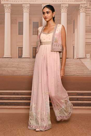 Shop Tarun Tahiliani Pink Georgette Open Neck Pichwai Jumpsuit And Gillet Set Online at Aza Fashions Shop_Tarun Tahiliani_Pink Georgette Open Neck Pichwai Jumpsuit And Gillet Set _Online_at_Aza_Fashions