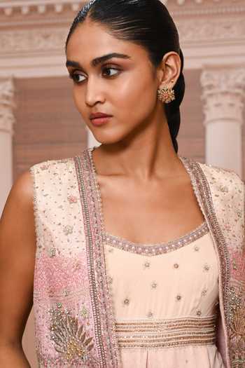 Tarun Tahiliani Pink Georgette Open Neck Pichwai Jumpsuit And Gillet Set at Aza Fashions Tarun Tahiliani_Pink Georgette Open Neck Pichwai Jumpsuit And Gillet Set _at_Aza_Fashions