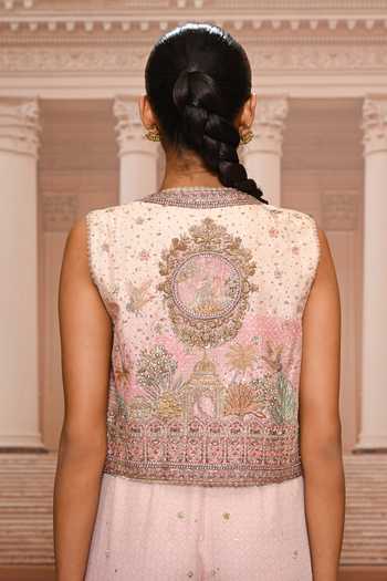 Buy Tarun Tahiliani Pink Georgette Open Neck Pichwai Jumpsuit And Gillet Set Buy_Tarun Tahiliani_Pink Georgette Open Neck Pichwai Jumpsuit And Gillet Set