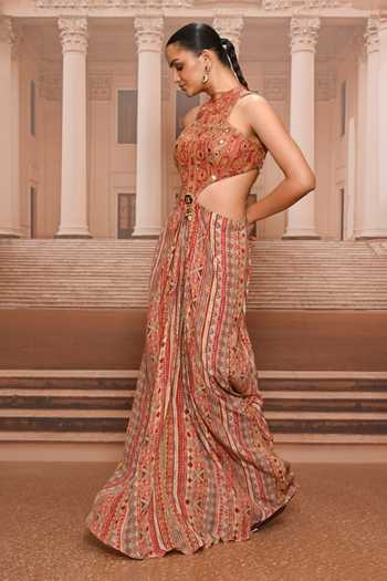 Tarun Tahiliani_Orange Crepe Halter Neck Hand Embroidered Draped Dress _Online_at_Aza_Fashions