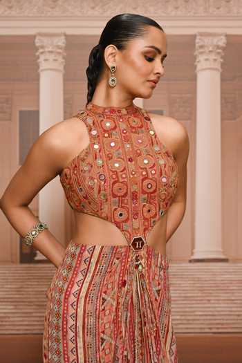 Shop_Tarun Tahiliani_Orange Crepe Halter Neck Hand Embroidered Draped Dress _Online_at_Aza_Fashions