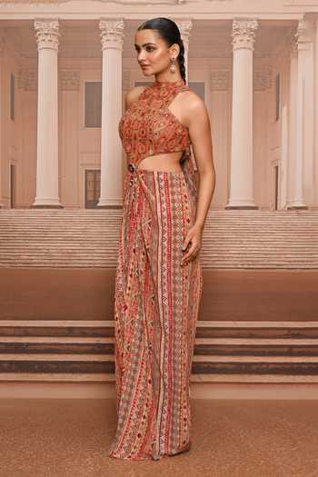 Tarun Tahiliani_Orange Crepe Halter Neck Hand Embroidered Draped Dress _at_Aza_Fashions