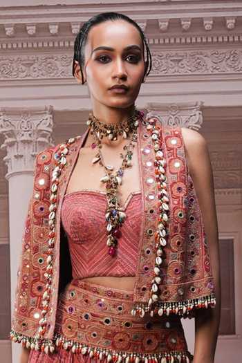 Tarun Tahiliani_Rust Sweetheart , Open Hand Embroidered Gilet And Lehenga Set _Online_at_Aza_Fashions