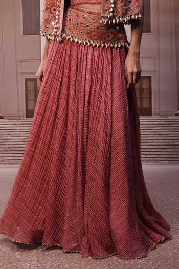 Buy_Tarun Tahiliani_Rust Sweetheart , Open Hand Embroidered Gilet And Lehenga Set _Online_at_Aza_Fashions