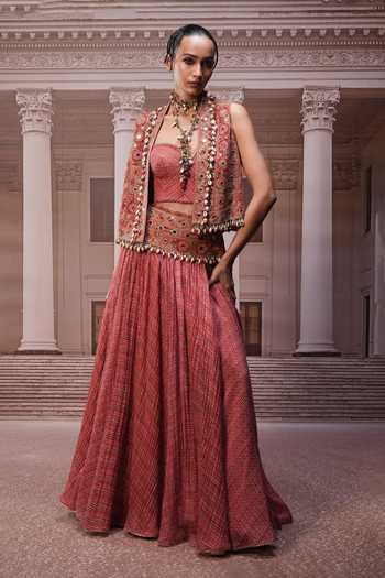 Tarun Tahiliani_Rust Sweetheart , Open Hand Embroidered Gilet And Lehenga Set _at_Aza_Fashions