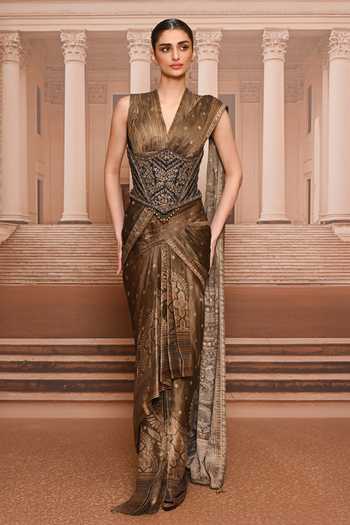 Tarun Tahiliani Pre-Draped Metallic Concept Saree Set With Corset 