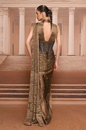 Tarun Tahiliani Pre-Draped Metallic Concept Saree Set With Corset 