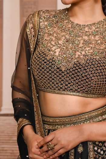 Tarun Tahiliani_Black Organza, Satin High Neck Hand Embroidered Lehenga Set _Online_at_Aza_Fashions