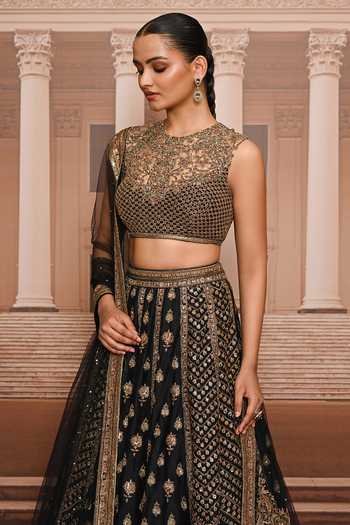 Buy_Tarun Tahiliani_Black Organza, Satin High Neck Hand Embroidered Lehenga Set _Online_at_Aza_Fashions