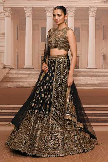 Shop_Tarun Tahiliani_Black Organza, Satin High Neck Hand Embroidered Lehenga Set _Online_at_Aza_Fashions