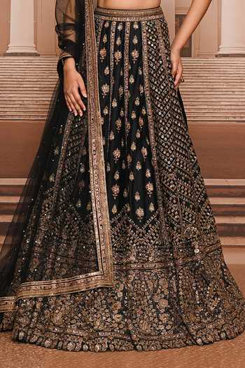Tarun Tahiliani_Black Organza, Satin High Neck Hand Embroidered Lehenga Set _at_Aza_Fashions