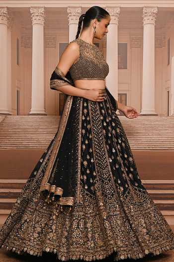 Buy_Tarun Tahiliani_Black Organza, Satin High Neck Hand Embroidered Lehenga Set 